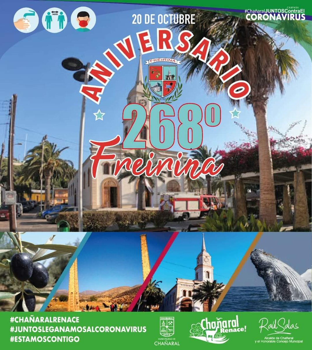 Desde la Municipalidad de Chañaral saludamos con mucho cariño a la comuna amiga de Freirina, en su aniversario 268. ¡Un abrazo y disfruten su día!
<a href="/RAUL_SALAS_A/">Raúl Salas</a> <a href="/FreirinaIM/">Muni Freirina</a> #ChañaralRenace #EnChañaralCuidamosNuestraGente #QuédateEnCasa #Atacama #Freirina