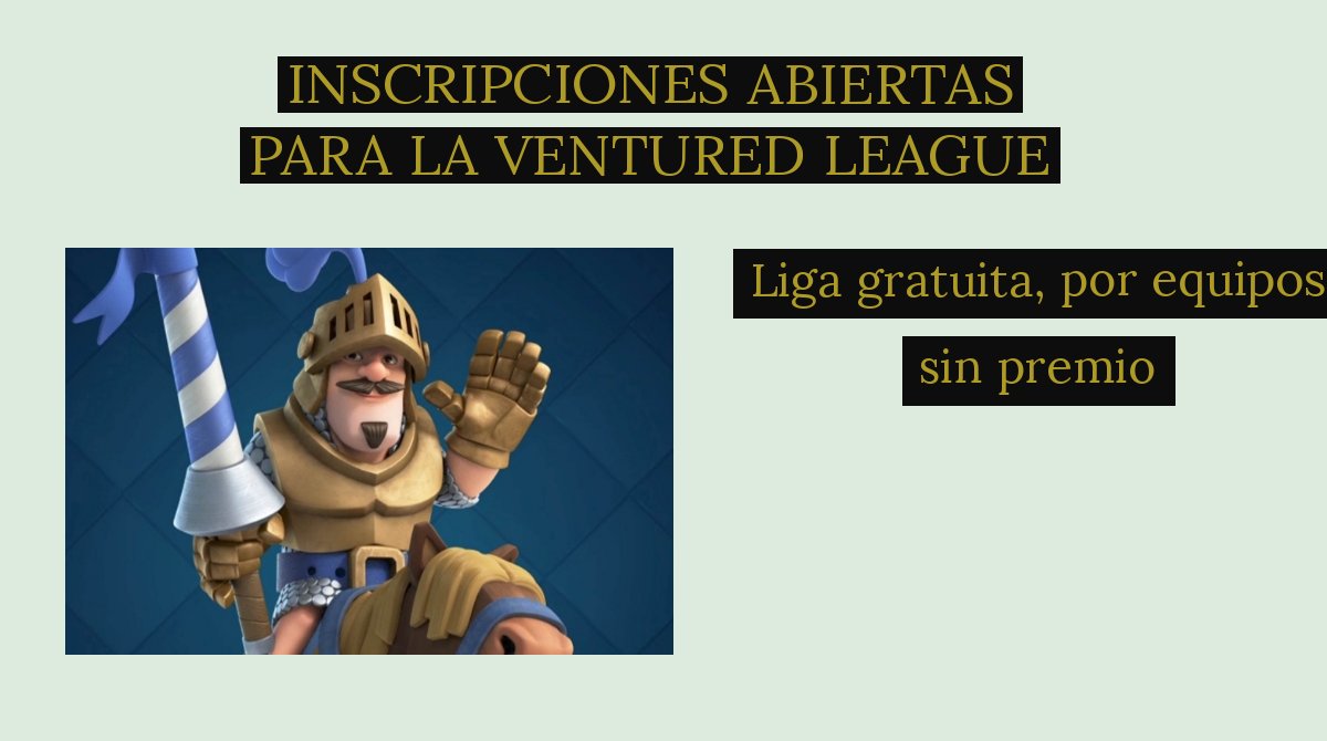 INSCRIPCIONES ABIERTAS PARA LA  VENTURED LEAGUE POR EQUIPOS,SERA LIGA GRATUITA Y SIN PREMIO, PARA PARTICIPAR:
Seguir a :<a href="/Legendaryteam12/">Legendary team</a>
Seguir a :<a href="/LegendaryAcadem/">Legendary Academy</a>
Conseguir 3 Rt
Mandar pruebas al MD
