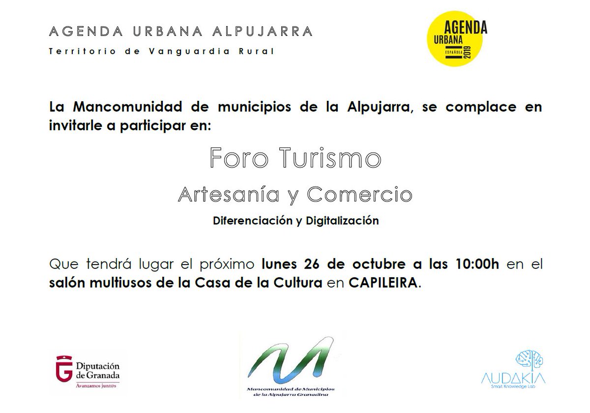 AudakiaLab's tweet photo. Desde #Audakia #AudakiaLab Seguimos con el proceso de elaboración de #AgendaUrbana de la #Alpujarra #Granada Nos vemos próximo Lunes día 26 en #Capileira Es hora de dar un Nuevo Impulso al #Turismo Foro Ideas #Diferenciación #Digitalización #AgendaUrbanaEspañola @DavidTorvizcon https://t.co/OfnKtuk426