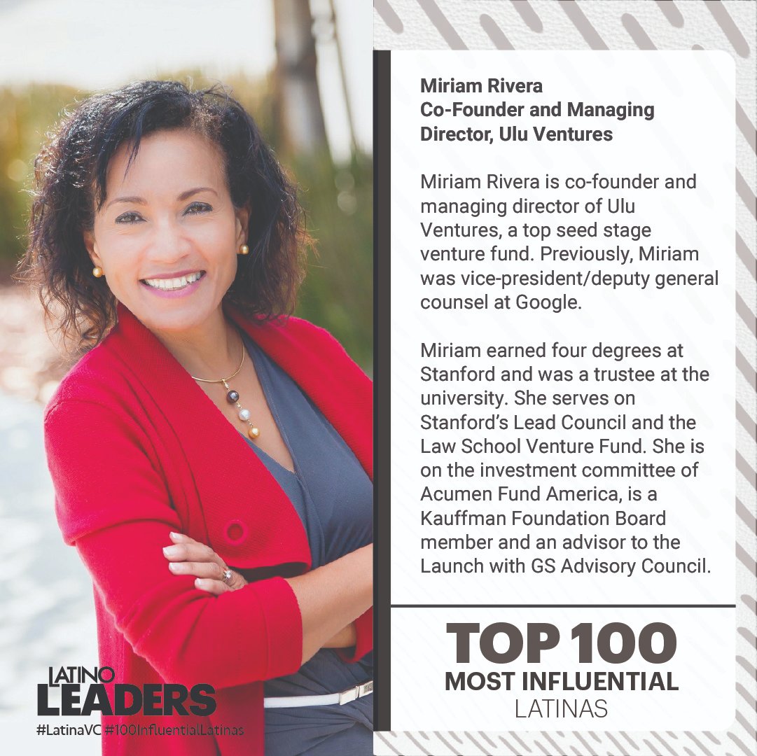 lisa_feria's tweet photo. It's my pleasure to feature @miriamulu1, co-Founder of @uluventures, board Member of the @KauffmanFoundation, and one of the #Top100MostInfluentialLatinas selected by @LatinoLeadersUS. Latinas get 0.4% of VC funding and less than 0.5% of GPs are Latinas. #representationmatters https://t.co/tFFXXyg7tw