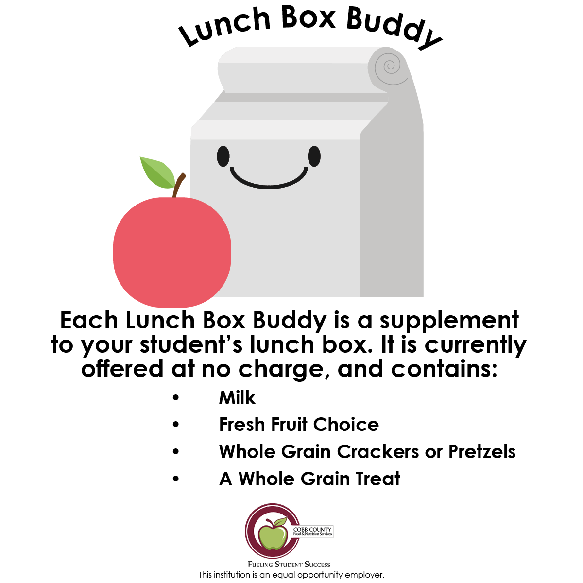CobbCountyFNS's tweet photo. If your student brings lunch from home, our Lunch Box Buddy is a no charge supplement to their lunchbox.  😋

To learn more about where to find them at your school, contact your local school café directly. 🍎

#FuelingStudentSuccess #ThisisCobb #FuelingGA https://t.co/zzM7zQXqm7