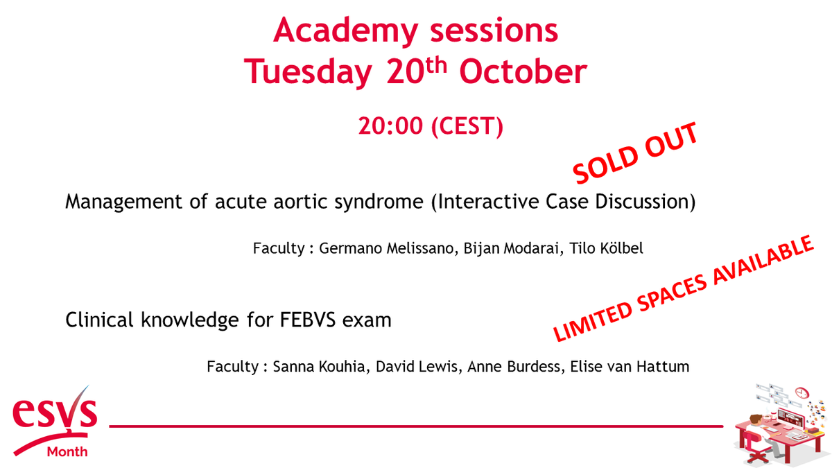 ESVSmembership's tweet photo. See what the #ESVSAcademy has planned for today ! #ESVSMonth
Didn't manage to book a ticket? Head to the event platform (https://t.co/GQLexE4qkx) 5 minutes after the sessions start to see if there are any free spaces available*
*must hold a valid #ESVSMonth registration https://t.co/VV6a2lyGAL