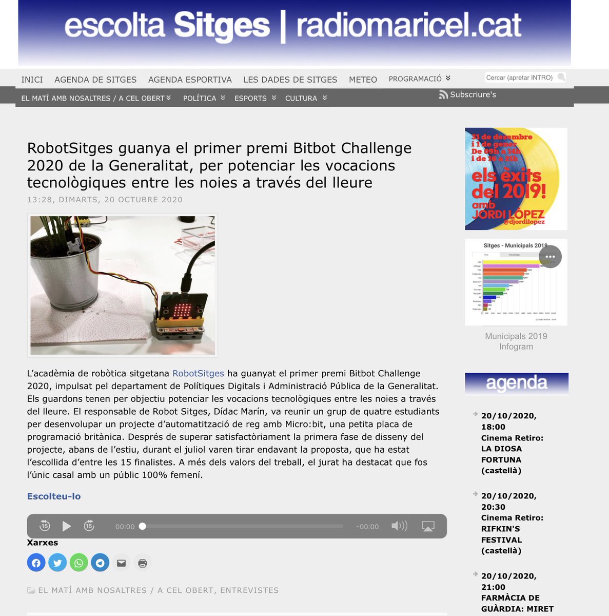 RobotSitges's tweet image. @robotsitges rep el primer premi dels #bitbotchallenge2020 

Ho podeu escoltar a @radiomaricel