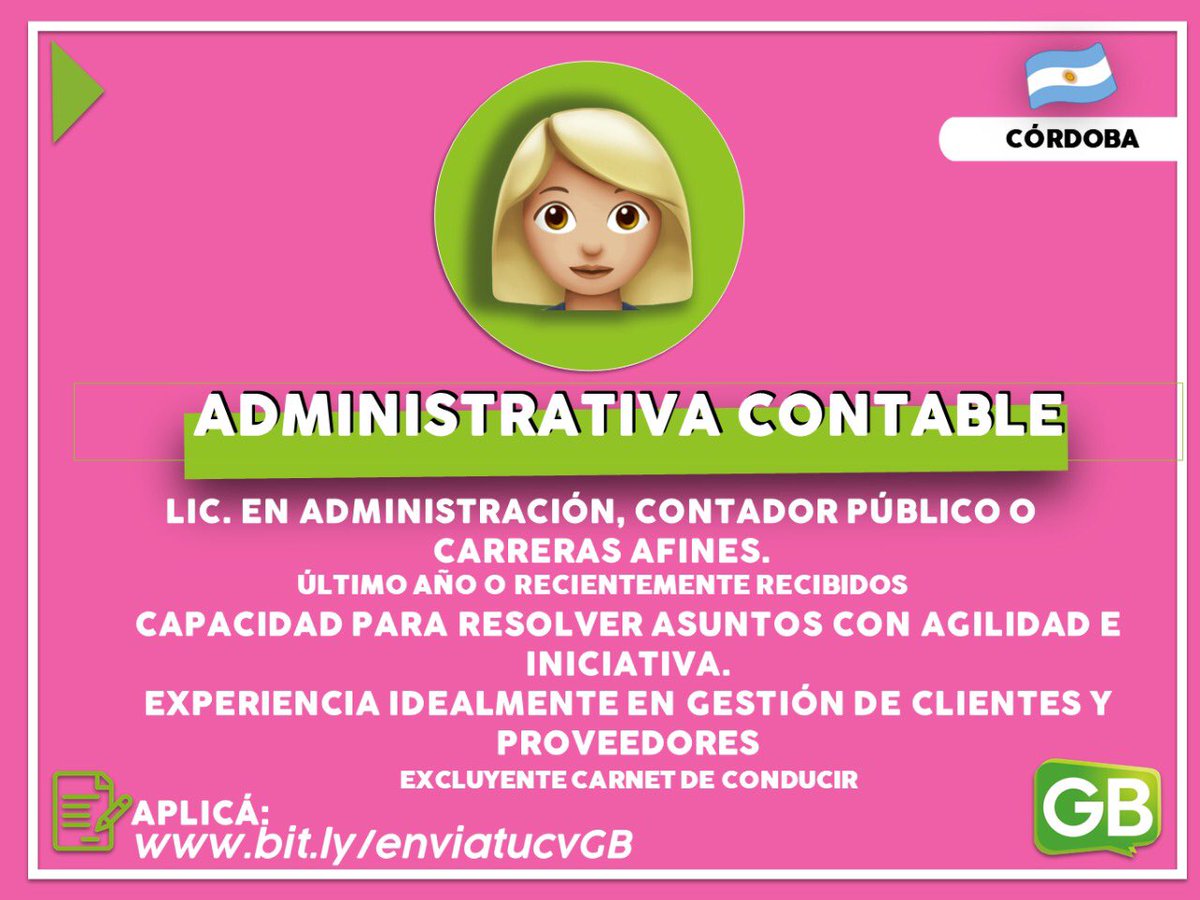 ¡BÚSQUEDAS ACTIVAS! 🔍

Mandá tu cv 📃 bit.ly/enviatucvGB

#TrabajoAr #contador #recepcionista #logistica #Administrativo #contable #Oportunidad #bolsadetrabajo