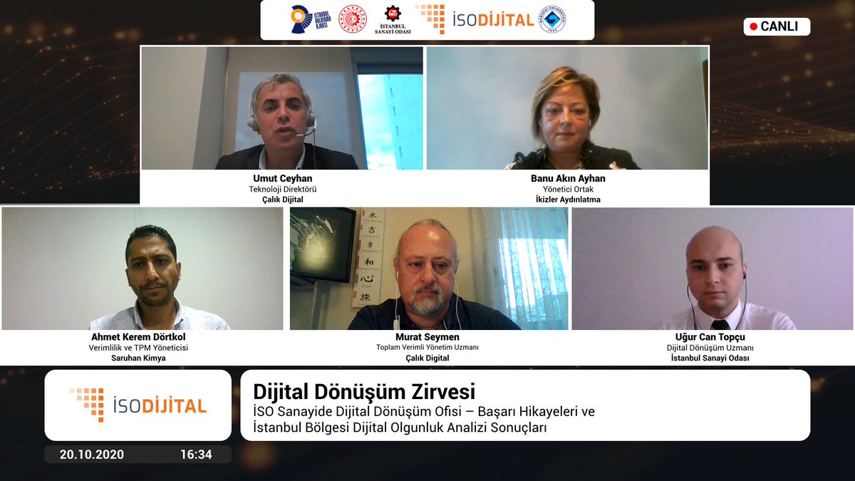İSO'nun düzenlemiş olduğu Dijital Dönüşüm Zirvesinin son panelinde 'İSO Sanayide Dijital Dönüşüm Ofisi’nin Başarı Hikayeleri ve İstanbul Böl Dijital Olgunluk Analizi Sonuçları' konuşmak üzere Umut Ceyhan Banu Akın Ayhan Ahmet Kerem Dörtkol Murat Seymen ve Uğur Can Topçu sizlerle.