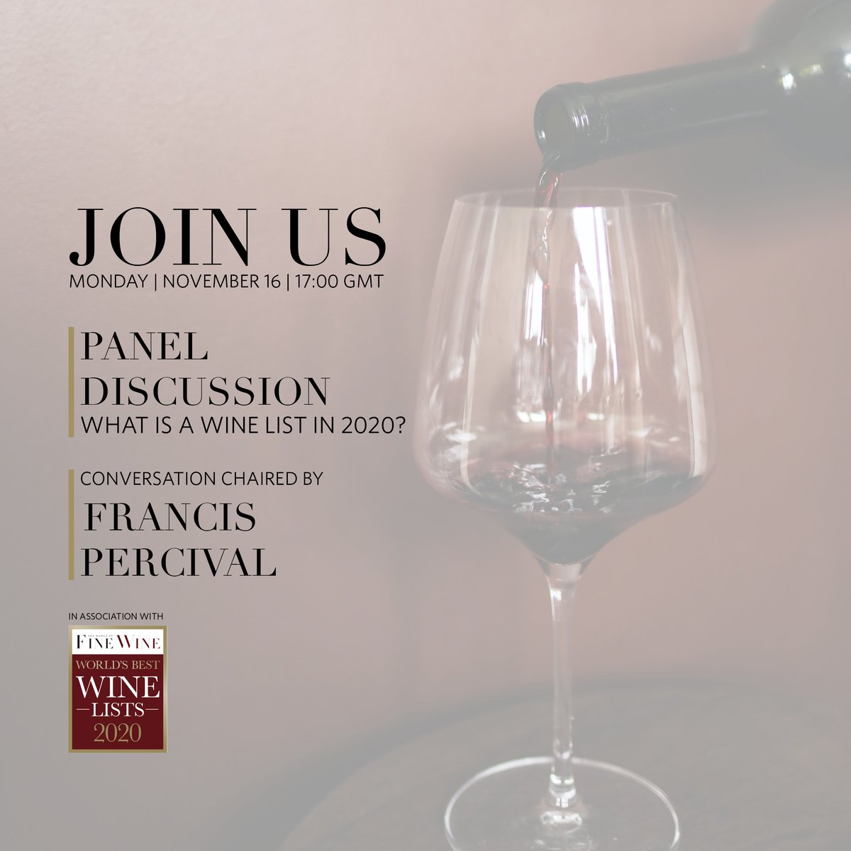 World of Fine Wine (@worldoffinewine) on Twitter photo Join our panel discussion addressing the urgent question, “What is a wine list in 2020?” on Monday, November 16th, 17:00 GMT.
Register here
l8r.it/PqW7
#FrancisPercival #WFWpaneldiscussion
<a href="/vinography/">Alder Yarrow</a> <a href="/andrewcjefford/">Andrew Jefford</a> <a href="/elinmccoy/">Elin McCoy</a> <a href="/HeidiMkinen/">Heidi Mäkinen MW</a> <a href="/winejames/">James Tidwell</a> <a href="/chngpohtiong/">Chng Poh Tiong</a> Join our panel discussion addressing the urgent question, “What is a wine list in 2020?” on Monday, November 16th, 17:00 GMT.
Register here
l8r.it/PqW7
#FrancisPercival #WFWpaneldiscussion
<a href="/vinography/">Alder Yarrow</a> <a href="/andrewcjefford/">Andrew Jefford</a> <a href="/elinmccoy/">Elin McCoy</a> <a href="/HeidiMkinen/">Heidi Mäkinen MW</a> <a href="/winejames/">James Tidwell</a> <a href="/chngpohtiong/">Chng Poh Tiong</a>