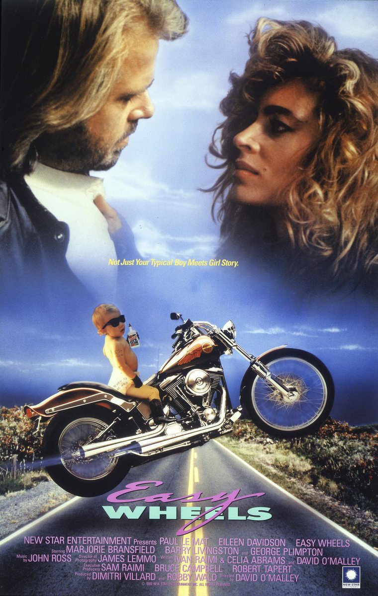 Movie Recommendation: EASY WHEELS (1989)Sam Raimi wrote this parody starring Paul LeMat, Eileen Davidson. Davidson is a tough-as-shit biker raised by wolves who kidnaps babies so they can also be wolf raised. LeMat has a steel plate that gives him visions. Silly, stupid, fun.