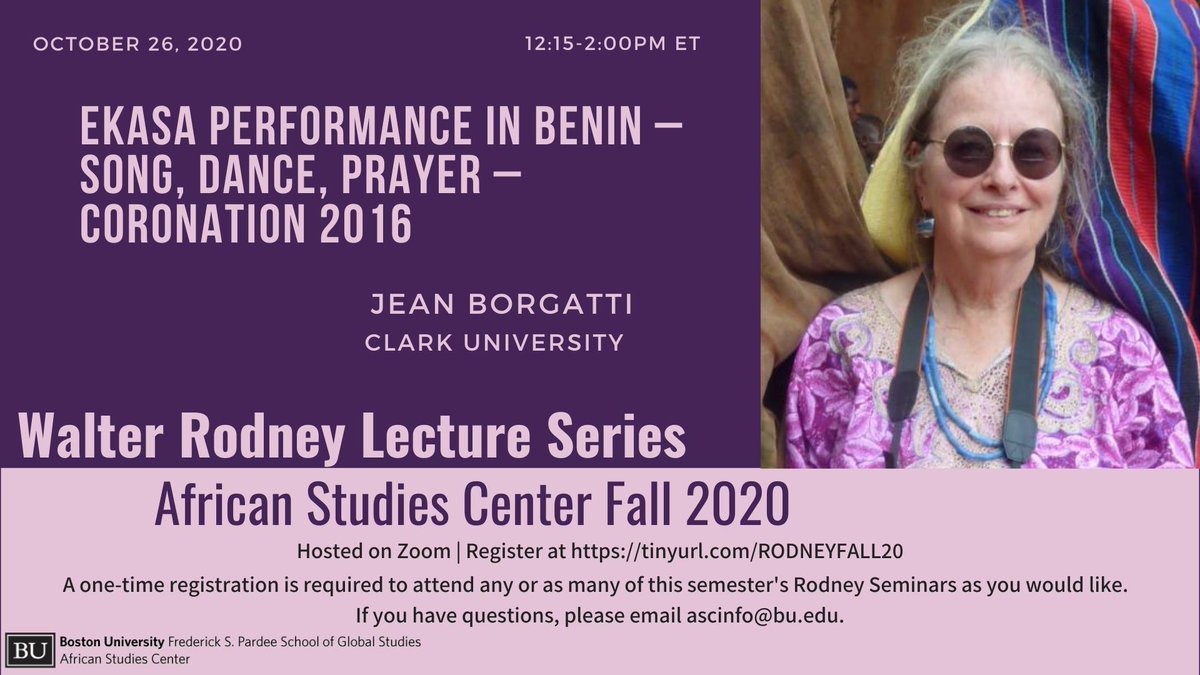 Next week, 10/26, join us as we welcome Jean Borgatti in her presentation on ekasa dance in Benin! Registration details remain the same for each of our Rodney seminars this fall—see the link at the top of this thread to register.