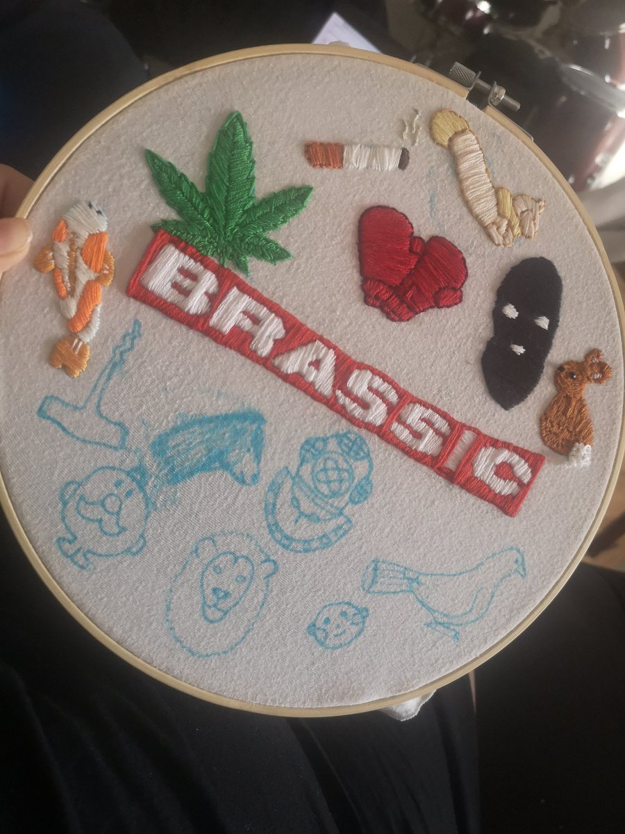Halfway there! 💪🏻 I had so much fun to do the cannabis leaf! #Brassic #JoeGilgun #embroidery