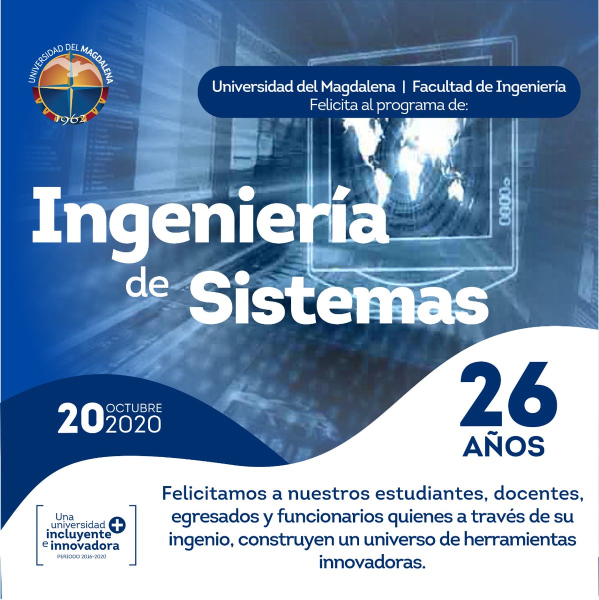 IngSisUnimag's tweet image. #Hoy 20 de octubre celebramos los 26 años del programa.
Para celebrarlo los invitamos a participar en el webinar &quot;El Rol del Ingeniero de Sistemas tras el COVID 19&quot; hoy a las 18:00 hrs.
Celebremos juntos y #reCONECTEMOS 

#SomosSistemas