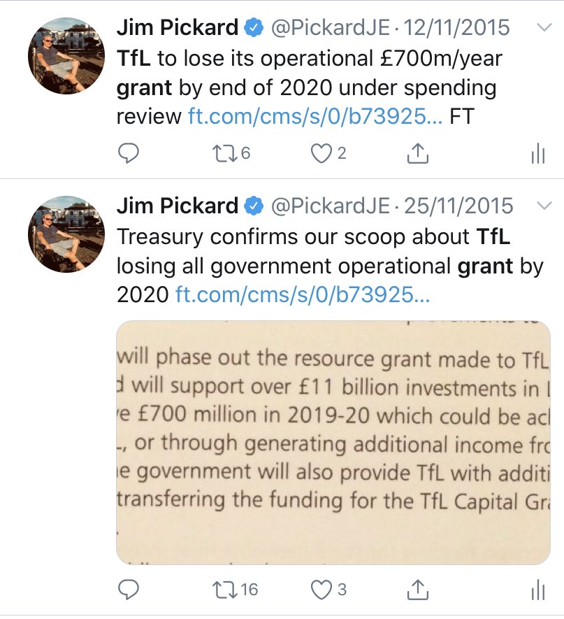 so  @SadiqKhan has rejected the Shapps demands in another letter seen by the  @FT the mayor has instead suggested the return of the central grant which used to be £700m a year and has - over the last 5 years - been whittled down to er nothing (found these old tweets from 2015)