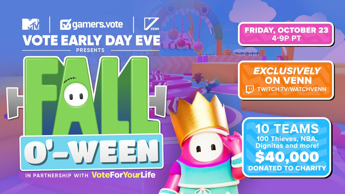 We are so excited to announce the Vote Early Day Eve Fall oβ ween Event! Join us for a $40K @FallGuysGame charity brawl along with our partners @MTV https://t.co/fLkGnqoJLz & @watchvenn #VoteEarlyDay
Tune in:
πΊ: https://t.co/kkeqfjyJcf
β°: Friday Oct 23rd, 4-9pm PT https://t.co/Jv5EvF7318