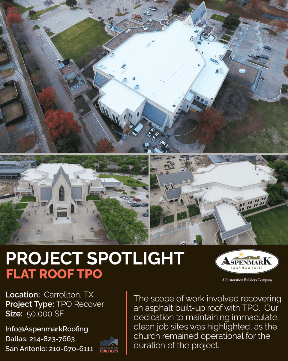 Aspenmark's tweet photo. Aspenmark Roofing Project Spotlight 
.
"The scope of work involved recovering an asphalt built-up roof with TPO.  Our dedication to maintaining immaculate, clean job sites was highlighted, as the church remained operational for the duration of the project."
.
#commercialroofing https://t.co/I9ByUfREAS