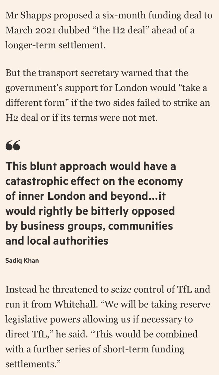 letters have leaked:this month Shapps, transport secretary, wrote to Khan setting out a list of demands in return for any financial rescue package, according to a letter seen by  @FT: key is the threat to use new legal powers to “direct TFL” aka seize control of the authority