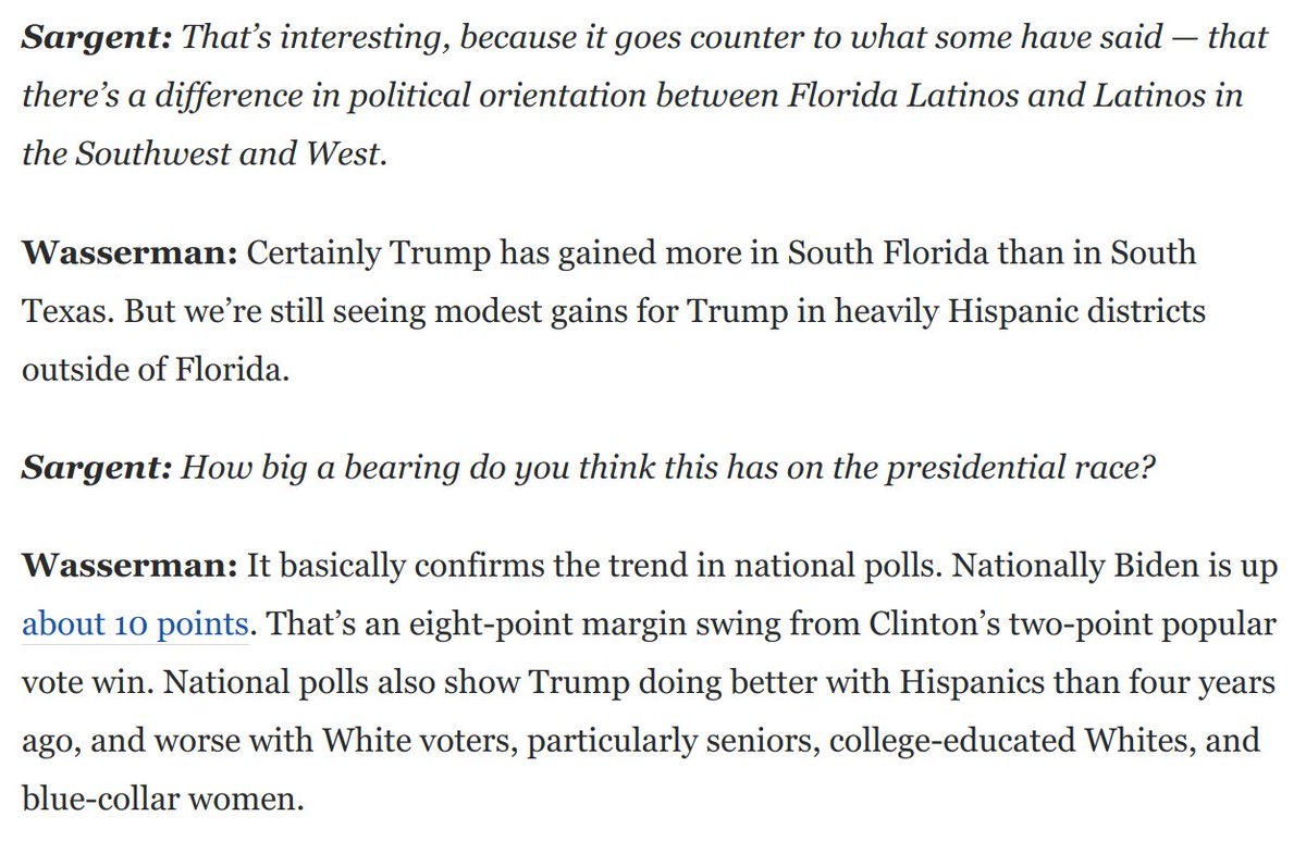 Some highlights from my chat with  @Redistrict. He says Trump is underperforming relative to 2016 by more than 10 points in upscale suburban districts.Trump is overperforming in Hispanic districts, but overall this mirrors Biden's big national lead: https://www.washingtonpost.com/opinions/2020/10/20/biden-trump-battle-white-voters-district-level-polls-are-revealing/