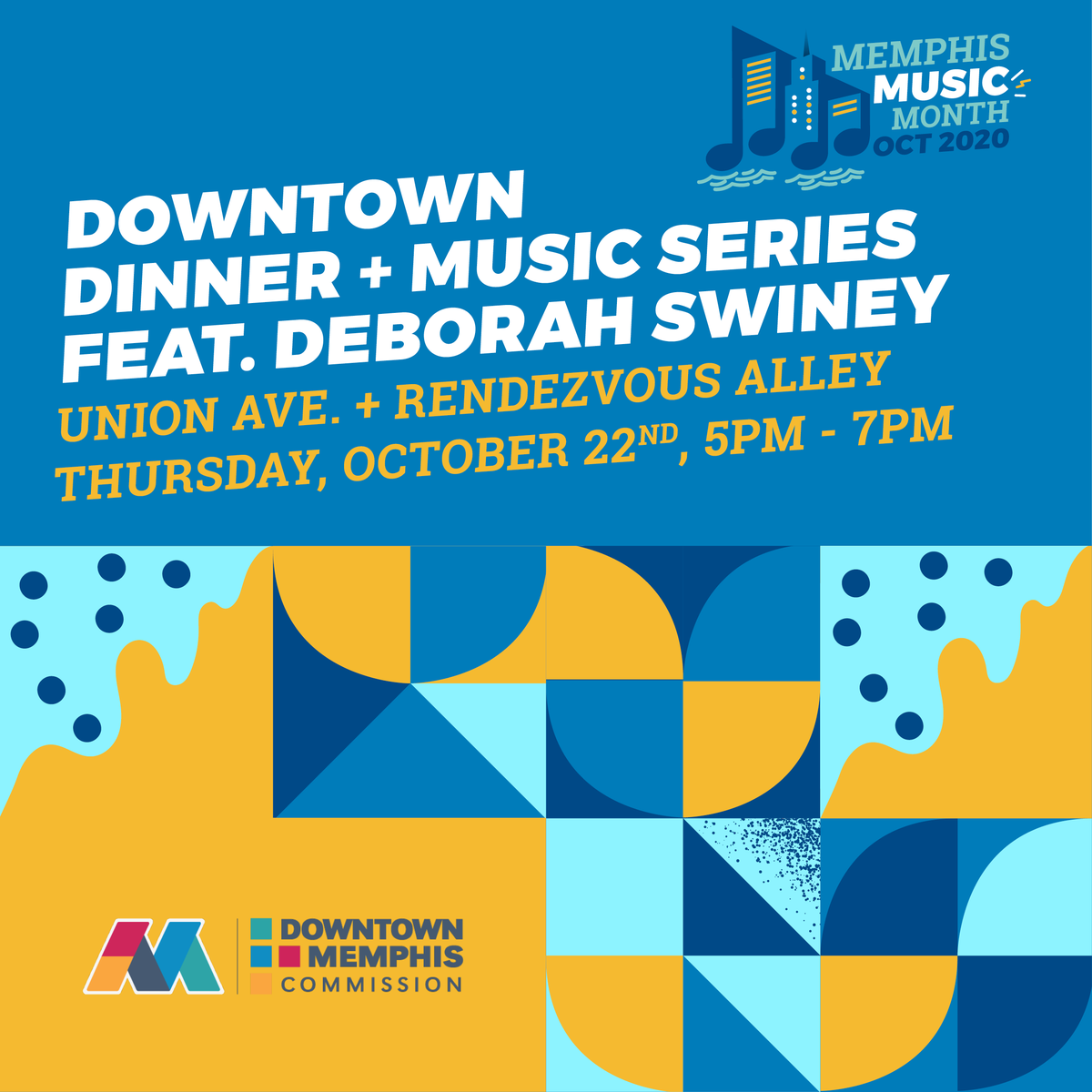 Celebrate #MemphisMusicMonth! Enjoy safely distanced, outdoor, and unplugged live music THURS. 10/22 from 5P- 7P.

Be sure to check out #DeborahSwiney near @curfewmemphis #curfewmemphis 🎉

l8r.it/U8aH
#DowntownMemphis