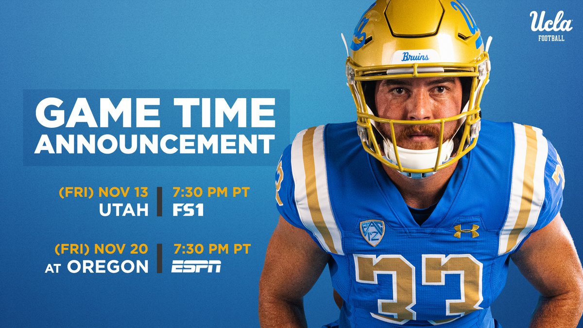 UCLAFootball's tweet photo. 🚨 GAME TIME ANNOUNCEMENT 🚨

We'll be under the lights in Weeks 2 and 3.

#GoBruins https://t.co/untZhbJtGs