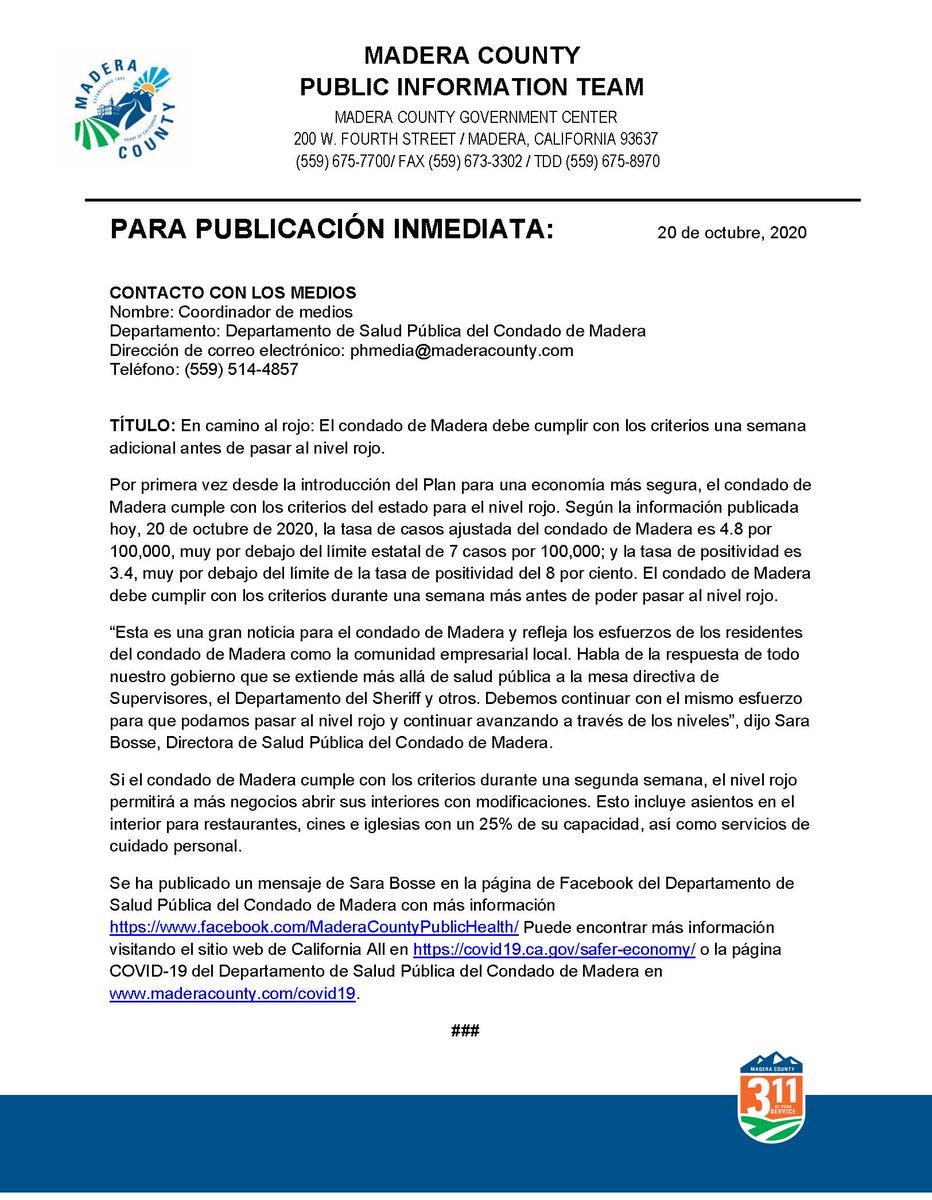 MaderaDPH's tweet photo. For the first time since the introduction of the Blueprint for a Safer Economy, Madera County meets the state’s criteria for the red tier. Madera County must meet the criteria for one additional week before moving into the red tier. https://t.co/mAwGfG1RFB