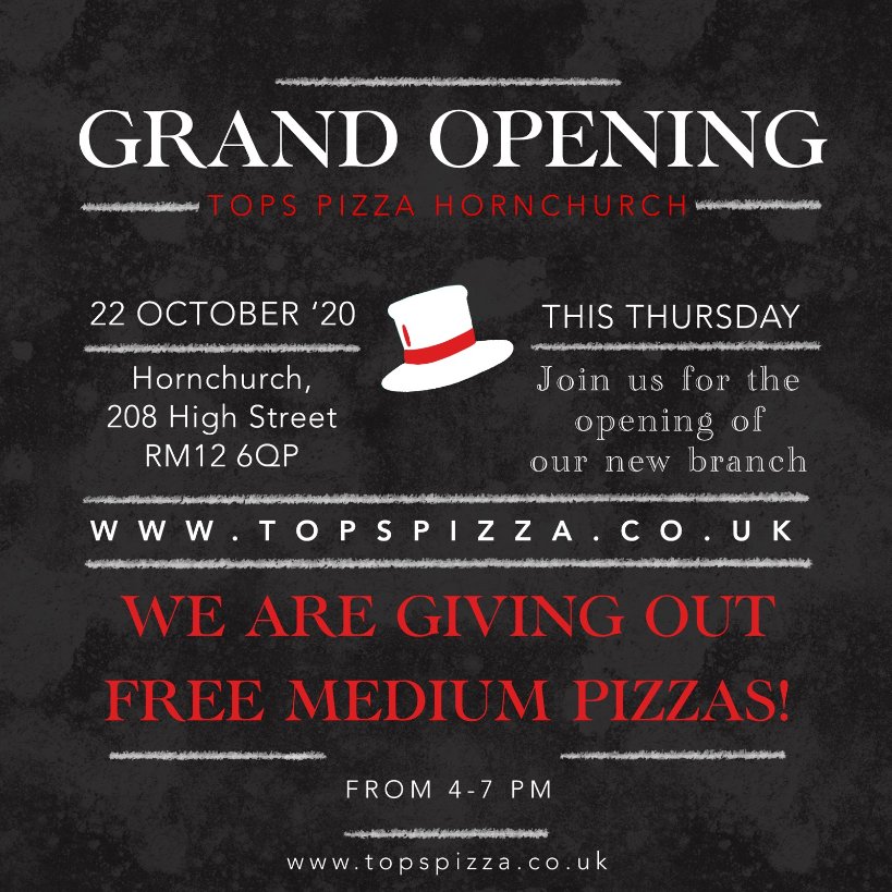 FREE PIZZA - Join us for a grand opening of our new branch in Hornchurch!

Get a free medium pizza from 4-7pm this Thursday 22.10. 2020!  Exclusively at our new Hornchurch branch 🍕

#pizza #topspizza #newbranch #yum #freefood #freepizza #hungry #tasty #instafood #opening #foodie