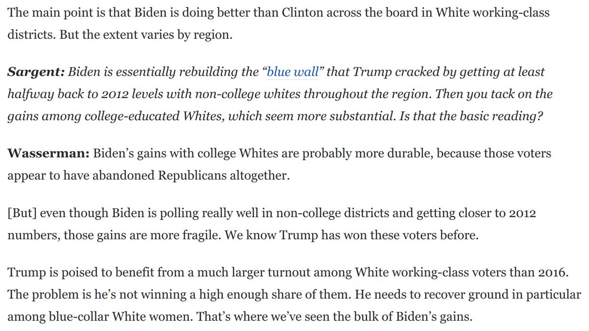 Key point:  @Redistrict says House district polling shows Biden getting halfway back to Obama-2012 levels in working class white districts across the board."Trump needs to get back to his 2016 numbers in those places to have any chance," he tells me. https://www.washingtonpost.com/opinions/2020/10/20/biden-trump-battle-white-voters-district-level-polls-are-revealing/