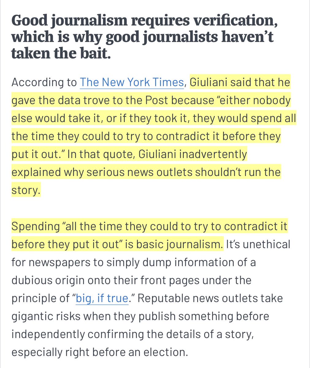 I found it interesting that Giuliani said he chose the Post because other outlets “would spend all the time they could to try to contradict it before they put it out.”And... yes. Exactly. That’s journalism. It’s important to scrutinize stories before blasting them out.