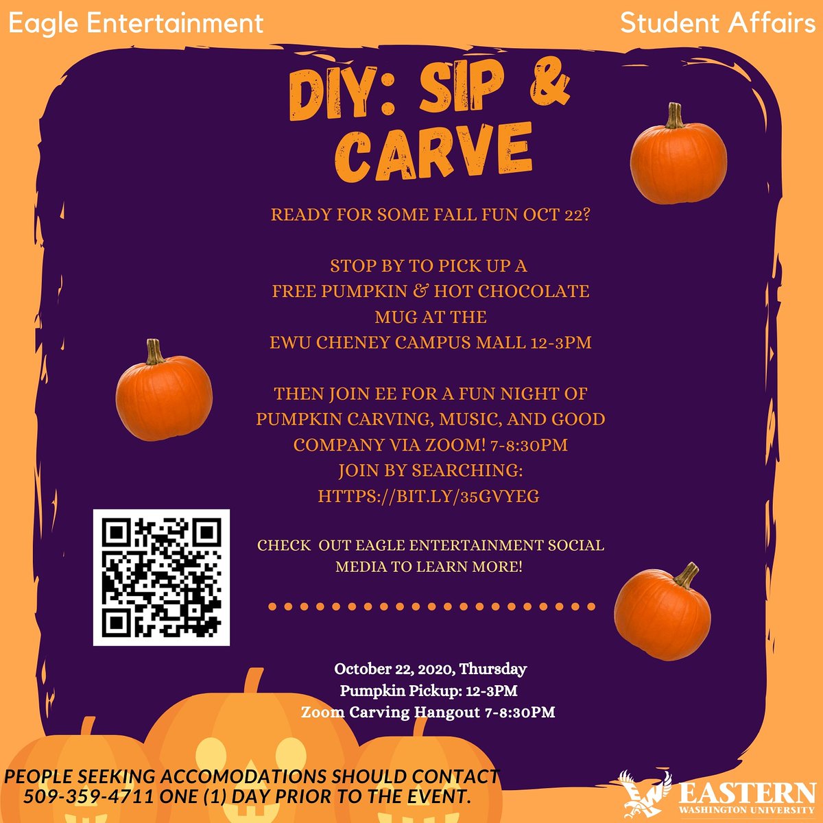 Here are the important details for October 22nd!

🎃12-3pm Pickup pumpkins from the Campus Mall. There will also be hot cider and hot chocolate!

🎃7-8:30pm Join us for a Pumpkin Carving!

🎃Event link: bit.ly/35gVyEG

🎃 Supplies are limited, so come early!