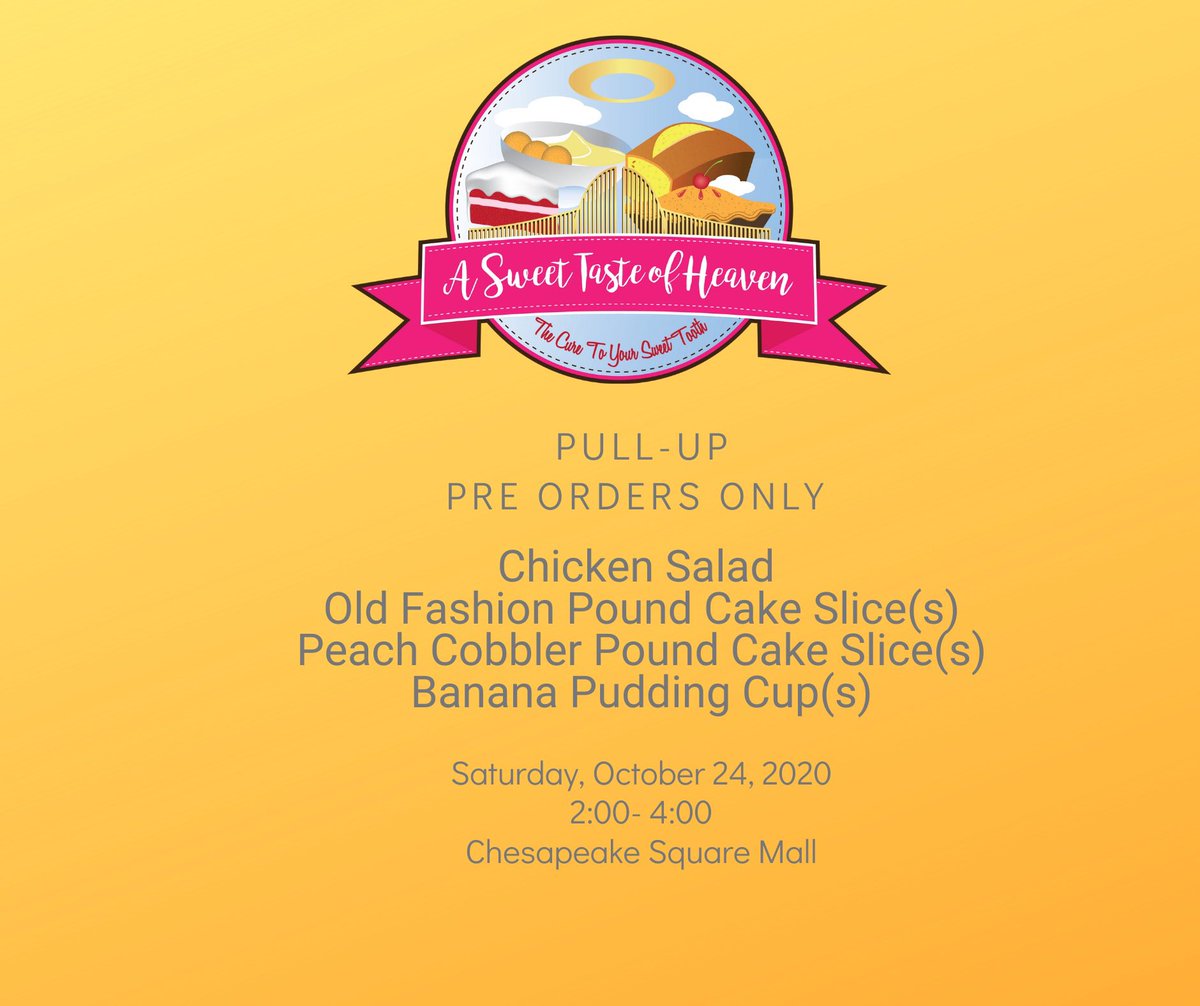 Cur2ursweetooth's tweet photo. Place your order for your favorite A Sweet Taste of Heaven LLC delicious treats. See flyer &amp; click the link to place your order.
Prepaid Orders may be picked up at Chesapeake Square Mall Parking Lot adjacent to Zaxby’s.
https://t.co/65hTHcieCj https://t.co/QBKbaAaz1o