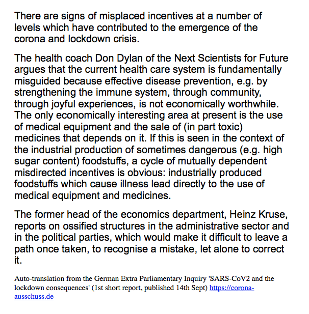 "The health coach Don Dylan of the Next Scientists for Future argues that the current health care system is fundamentally misguided because effective disease prevention, e.g. by strengthening the immune system, through community, through joyful experiences, is not economically.."
