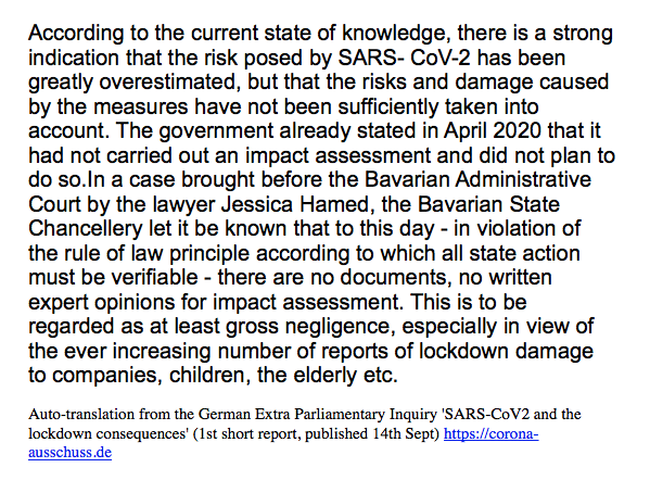 "The government already stated in April 2020 that it had not carried out an impact assessment and did not plan to do so. In a case brought before the Bavarian Administrative Court by the lawyer Jessica Hamed, the Bavarian State Chancellery let it be known that to this day..."