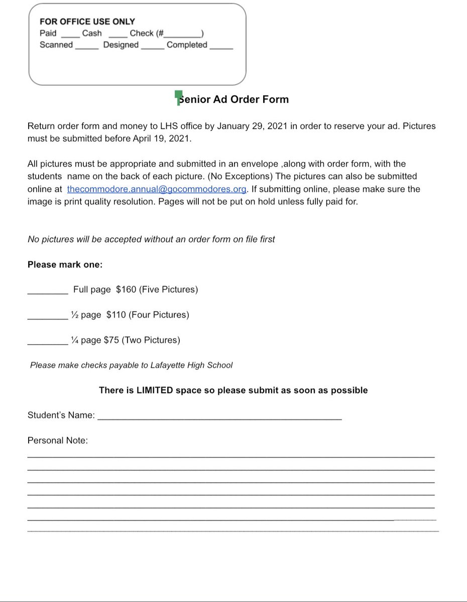 2021 Senior Ads are now on sale!! 

Forms are available for pick up in the Lafayette High school office. 

The form below can also be printed and turned into the high school office.