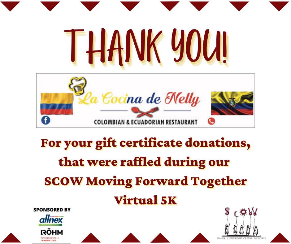 Thank you to La Cocina de Nelly for there gift certificate donations during our SCOW Virtual 5k! 
Check out our recent post to see if you were the lucky winner! 

#SCOW5k  #allnexWallingford #RöhmWallingford #movingforwardtogether 
#movingforwardjuntos #SCOWallingford