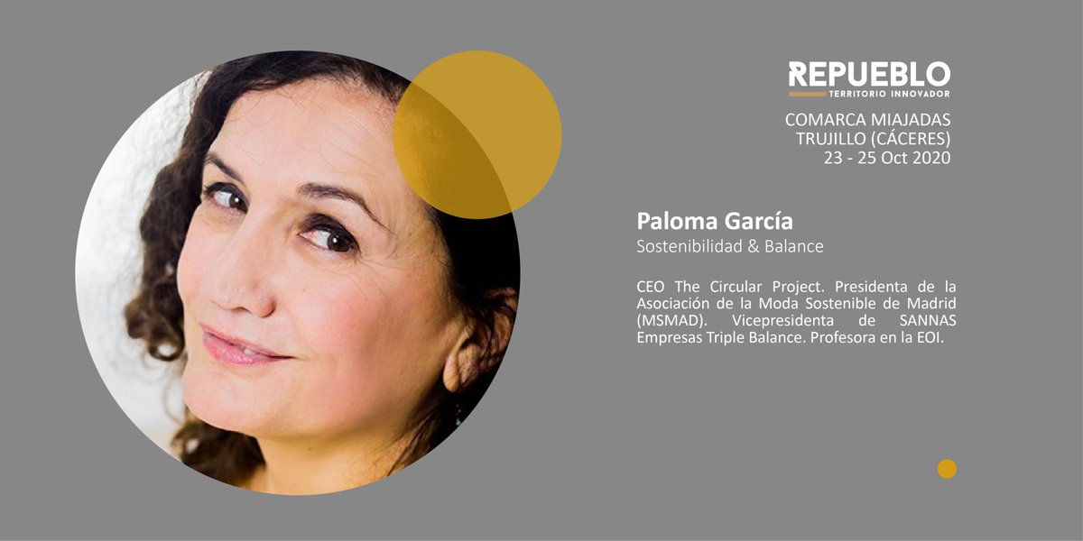 repueblo_es's tweet photo. Paloma García, CEO de @CircularProject y presidenta de la Asociación de la Moda Sostenible de Madrid, será una de las participantes de la 4ª edición de #Repueblo en #Trujillo 

https://t.co/fzQLlzEk8E https://t.co/uJ2B4Z0SZR