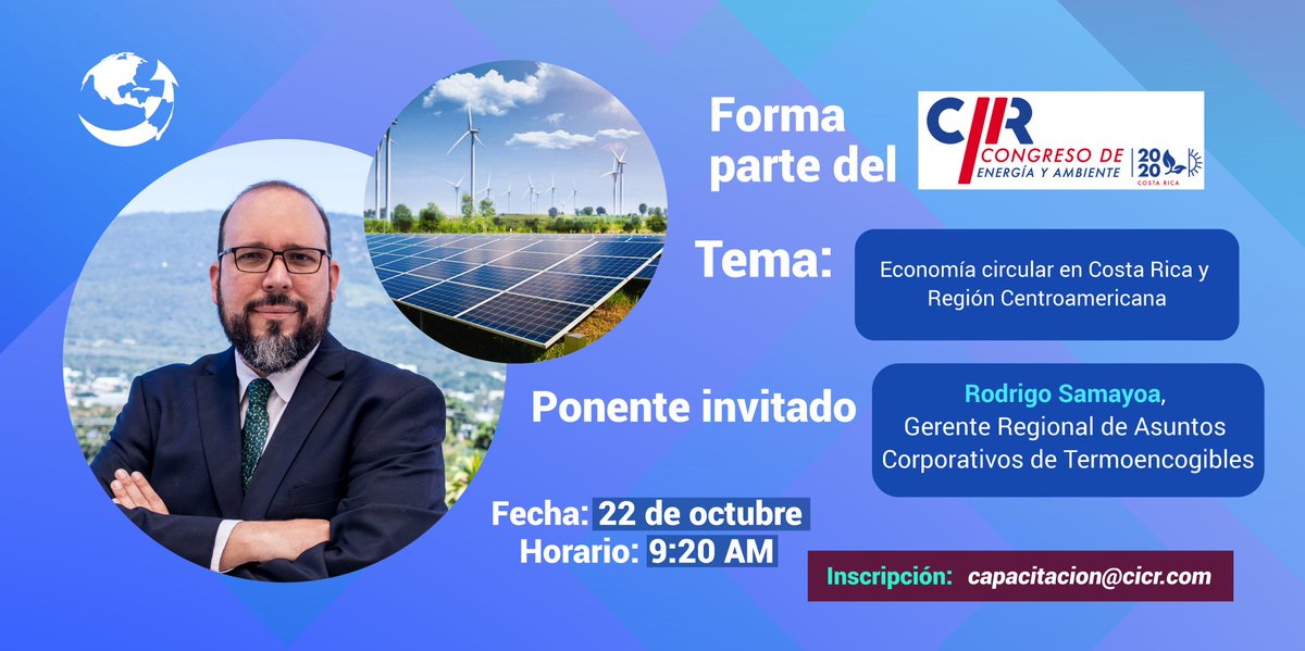 TernovaGroup's tweet photo. Forma parte del próximo Congreso de Energía y Ambiente organizado por @CIndustriasCR, evento en el cual participará @samayoavaliente, Gerente Regional de Asuntos Corporativos de Termoencogibles.

Fecha: 22 de octubre
Más información en: https://t.co/MgX7gFsy0M https://t.co/QX3aKe0pCq