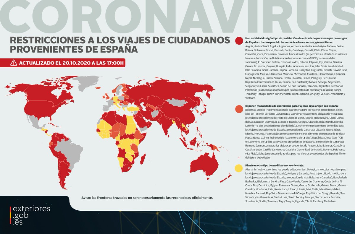 MAECgob's tweet photo. ✈️🚫 Restricciones a los viajes de ciudadanos provenientes de #España ⤵️

ℹ️ Consulta en nuestra web la lista actualizada a las 17:00 horas de hoy:

➡️ https://t.co/jwj4h35eJJ https://t.co/rygReBLlhr