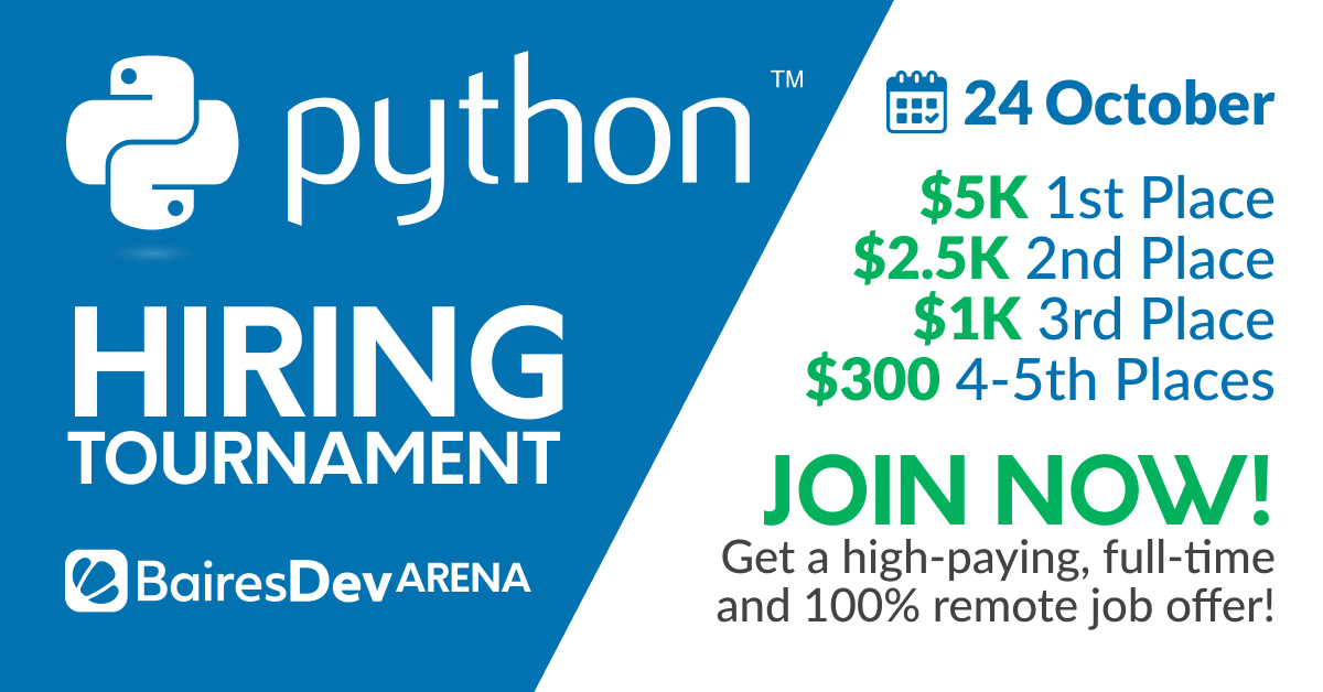 Latin America Python Community! We challenge you!
Come participate in BairesDev Arena, our first hiring tournament.
Join now! links.baires.dev/python-tournam…
#Python #LATAM #coding <a href="/bairesdev/">BairesDev</a>