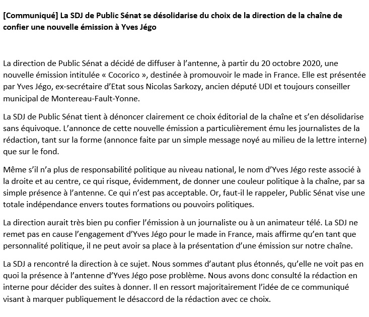 La SDJ de Public Sénat se désolidarise du choix de la direction de la chaîne de confier une nouvelle émission à Yves Jégo. Communiqué à lire ci-dessous.⤵️
