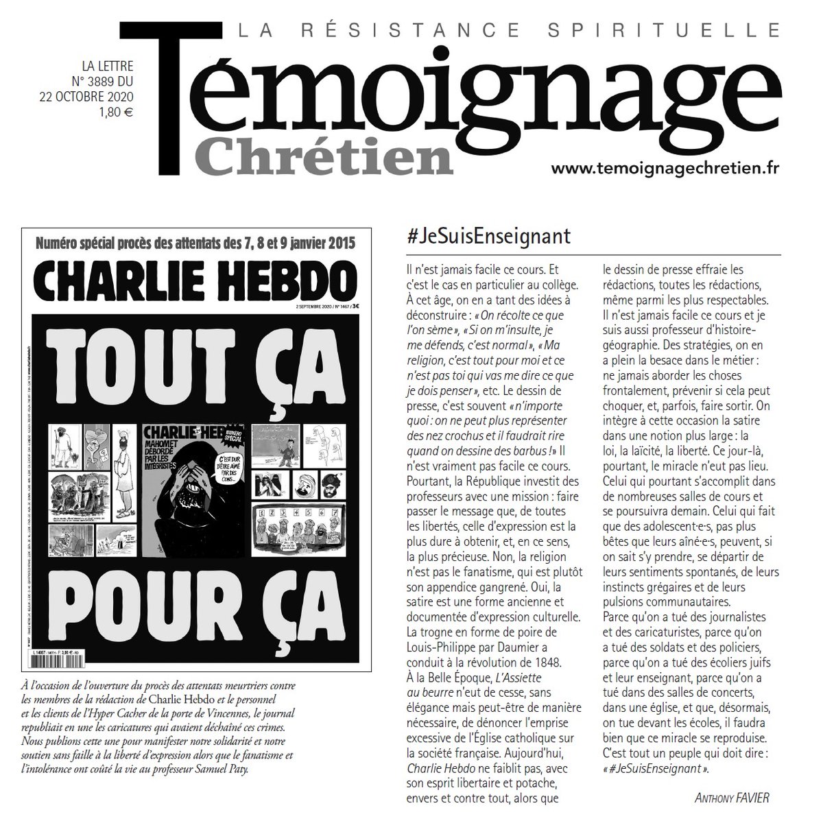 TChebdo's tweet photo. Témoignage chrétien publiera jeudi cette une pour manifester sa solidarité et son soutien sans faille à la liberté d’expression alors que le fanatisme et l’intolérance ont coûté la vie au professeur Samuel Paty. https://t.co/bmod3hTceG