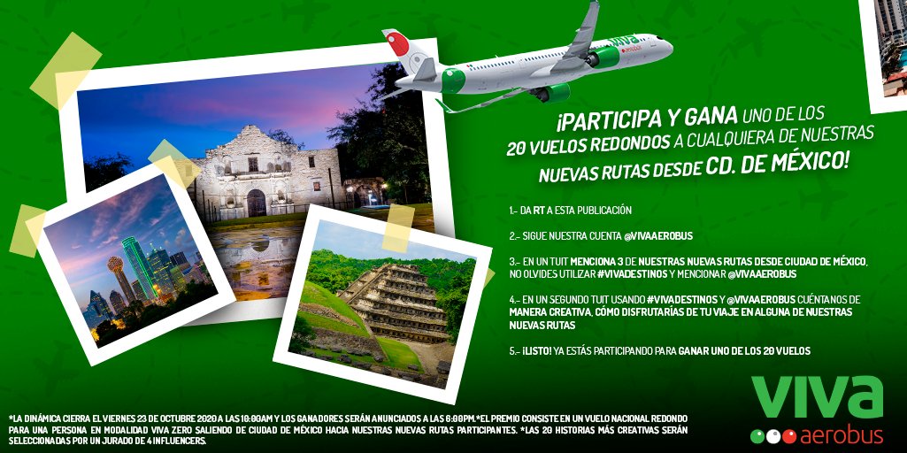 RT ¡Queremos que vueles a nuevos #VivaDestinos! 😎🙌 Sigue los pasos y participa en nuestra dinámica para ganar uno de los 20 vuelos redondos a cualquiera de nuestras nuevas rutas. ✈️

*Dinámica solo para mayores de edad.