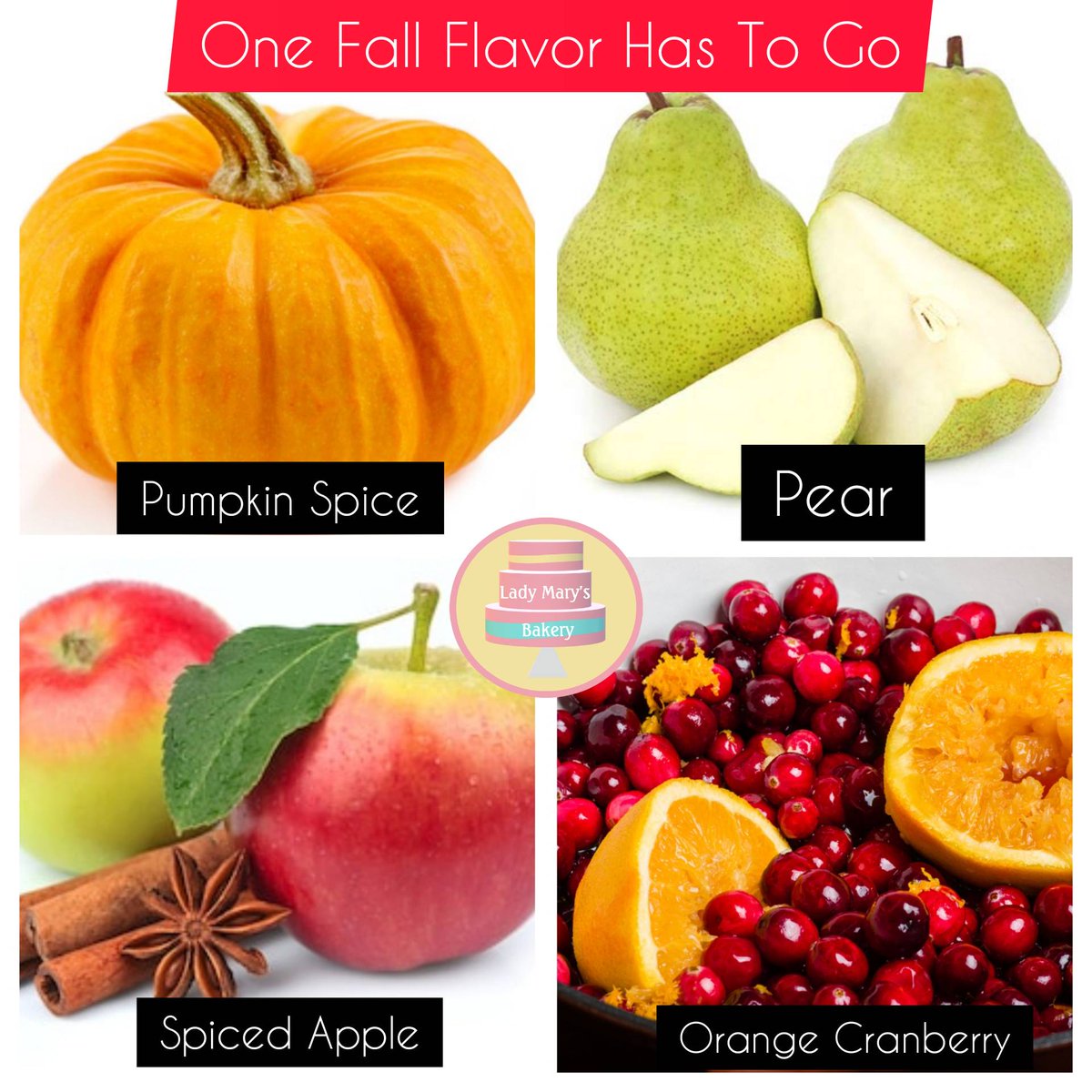 I'm torn! Also, pear is so underrated.

.
.
#onegottago #chooseone #fall #autumn #fallflavors #fallmemes #foodiememes #cakeflavors #muffins  #holidayfood #sweaterweather #applecinnamon #pumpkinspice #pear #orangecranberry #bakery