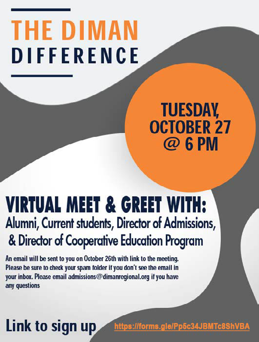 dimanbengals's tweet photo. Potential students and their parents can learn about The Diman Difference in a virtual meet &amp; greet with alumni, students, admissions, and our co-op program on Tue., 10/27 @ 6 p.m. Register for this exciting night at https://t.co/jz5tDv9ib3 https://t.co/yfBES6JuHv