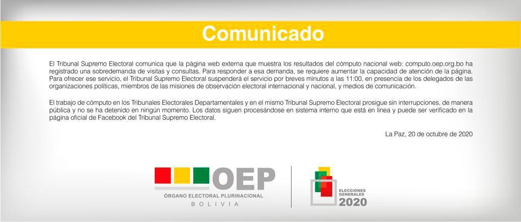 TSEBolivia's tweet photo. El TSE comunica que la página web externa que muestra los resultados del cómputo (https://t.co/wp1HCcPFpi) ha registrado una sobredemanda de visitas y consultas. https://t.co/Ku8NoUMWWw