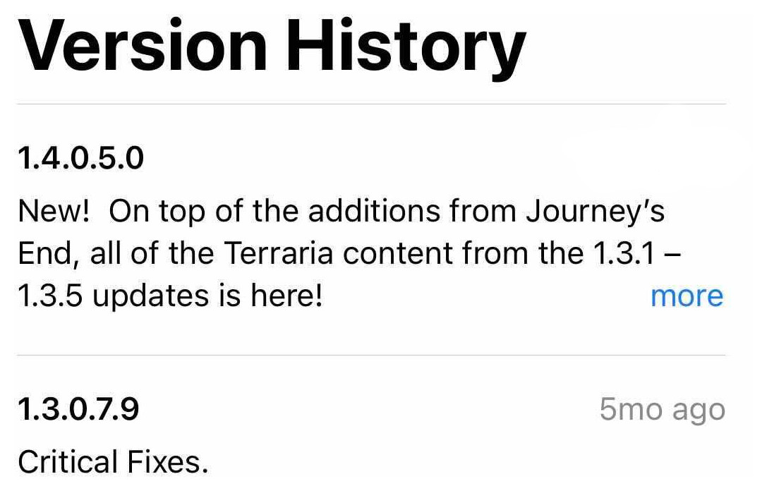 It's been five long months of hard graft, but today we're happy to confirm that we've released 1.4 of Terraria along with all the content from 1.3.1 through 1.3.5! It's already rolling out to the Apple and Google stores for most players. If you don't see it yet, you will soon...