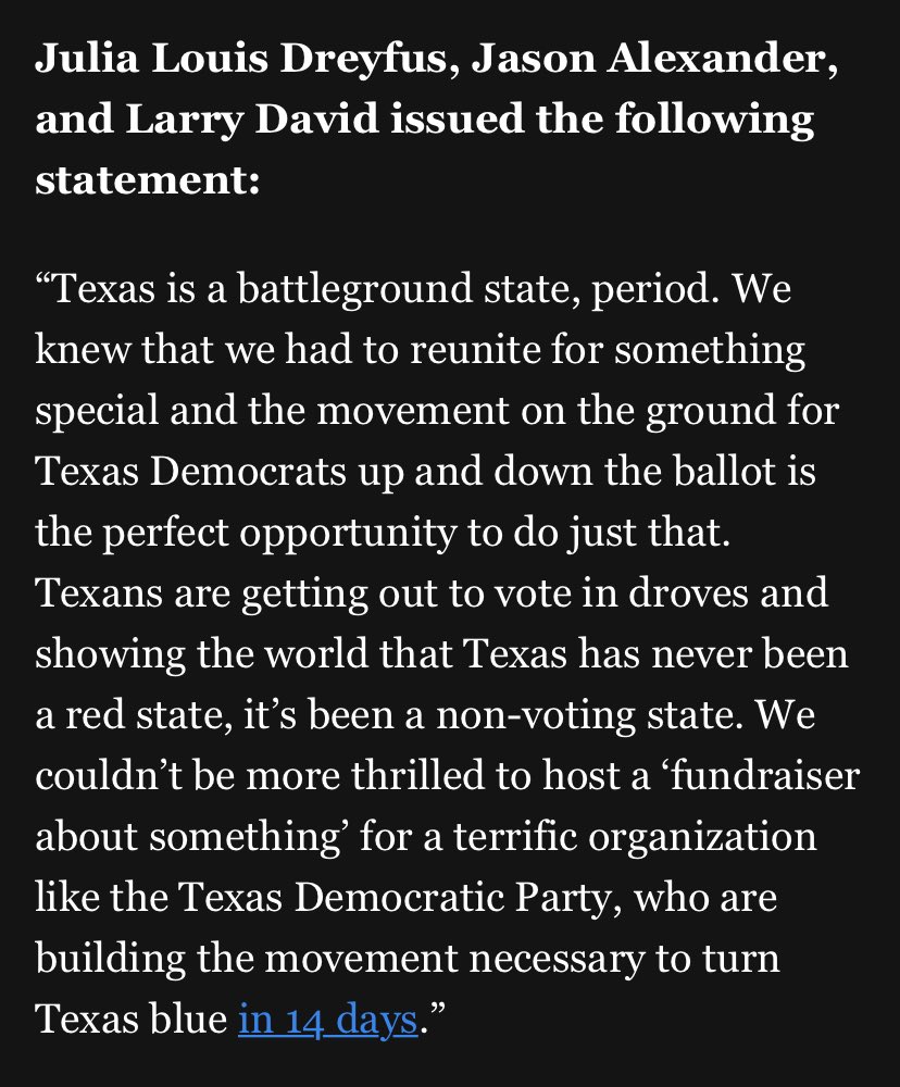 Inbox: Julia Louis-Dreyfus, Jason Alexander, and Larry David will participate in a virtual fundraiser for <a href="/texasdemocrats/">Texas Democrats</a> on Friday, hosted by Seth Meyers #txlege