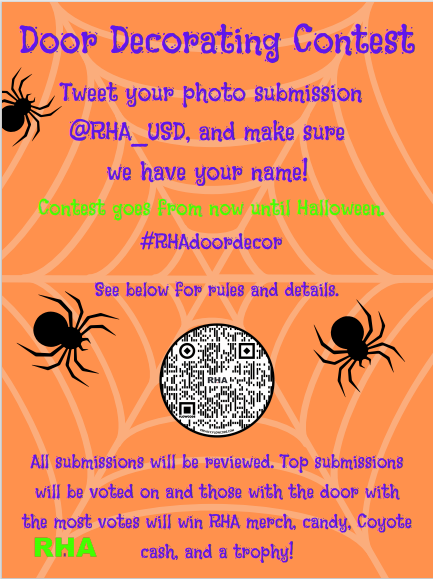 Happy Halloween! Join us in celebrating in the halls with some #RHAdoordecor please scan the QR code for rules and details!