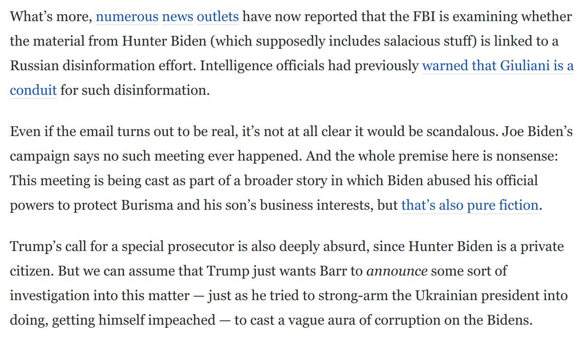 Numerous news outlets have now confirmed FBI is examining whether materials on the Hunter laptop are linked to Russian disinformation.The parallels to impeachment are glaring: Here again, Trump just wants Barr to *announce* some kind of investigation: https://www.washingtonpost.com/opinions/2020/10/20/trump-begs-william-barr-save-him-revealing-weakness-panic/