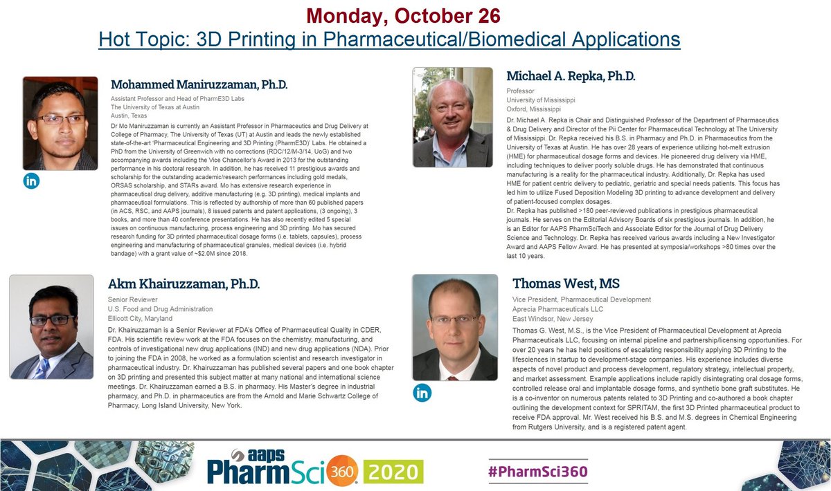 MoManiruzzaman's tweet photo. Are you ready for the #3Dprinting revolution in pharmaceutical manufacturing &amp; #drugdelivery? Please attend our hot-topic #pharmsci360 @AAPSComms #PharmE3D #MPDD @UTexasPharmacy @UTAustin @AapsChapter @pharmscitech @OleMissRebels @US_FDA @Aprecia3DP https://t.co/fzhJ90t4Bt https://t.co/PEni7pWFdR