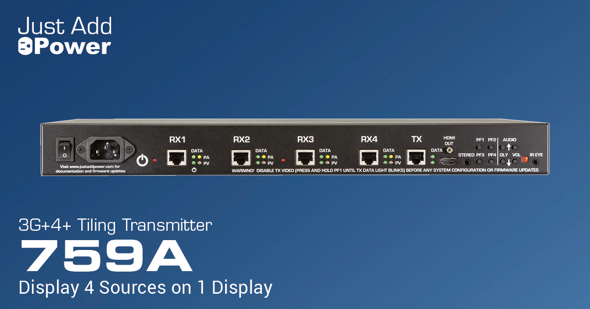 JustAddPowerHD's tweet photo. Product Spotlight: 3G+4+ Tiling Transmitter

The Just Add Power 3G+4+ Tiling Transmitter can be added to a Just Add Power 3G system to show any four sources on a single display. 

Tiling Transmitter Video: https://t.co/CmcUWXE4qz

Spec Sheet: https://t.co/84HUjUgrY8 https://t.co/10sHxJ7Yu3