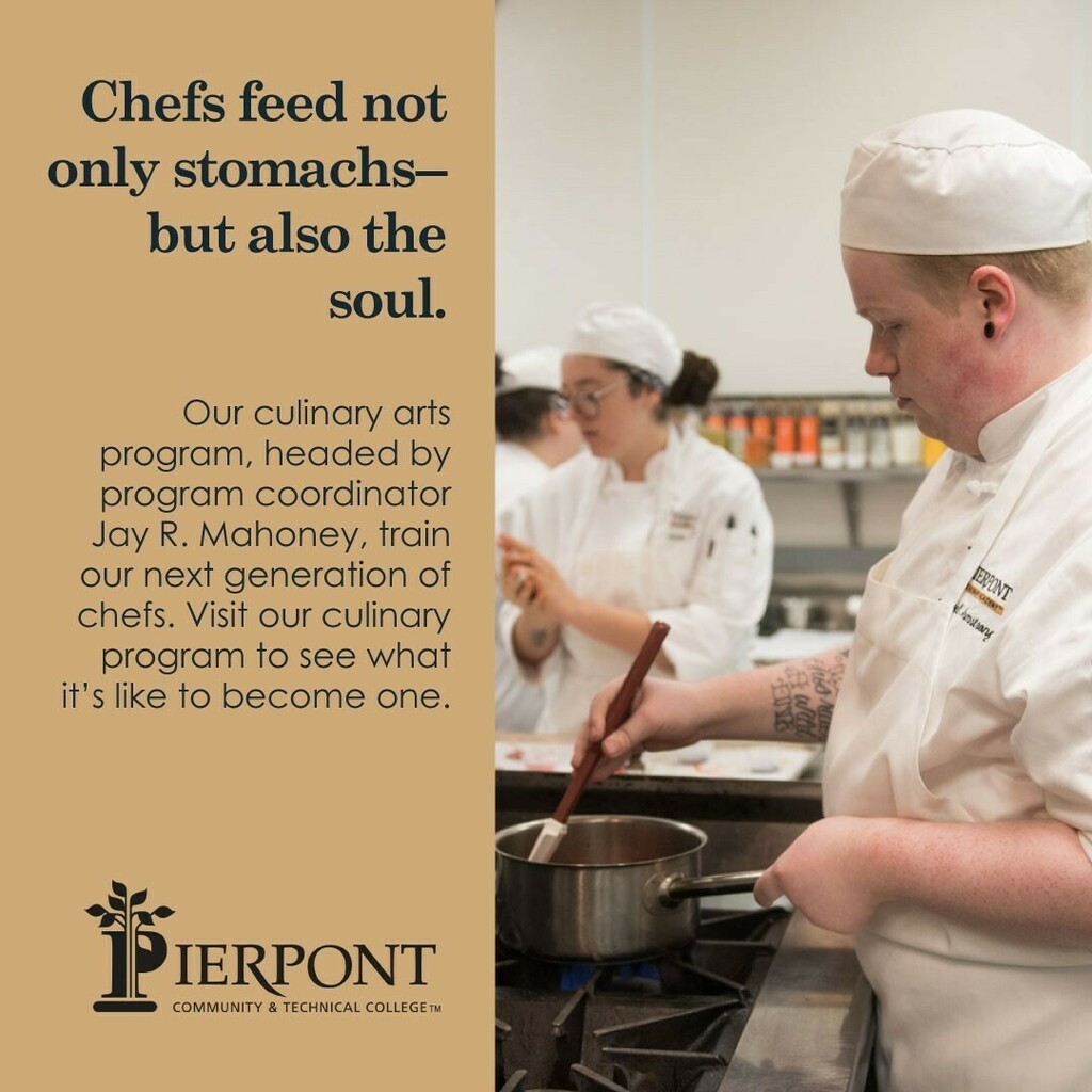 PierpontCTC's tweet photo. Chefs feed not only stomachs-- but also the soul. Our culinary arts program, headed by program coordinator Jay R. Mahoney, train our next generation of chefs. Visit our culinary program to see what it’s like to become one. #InternationalChefsDay #Culinar… https://t.co/59iryAYFc7 https://t.co/CmE9twPahx
