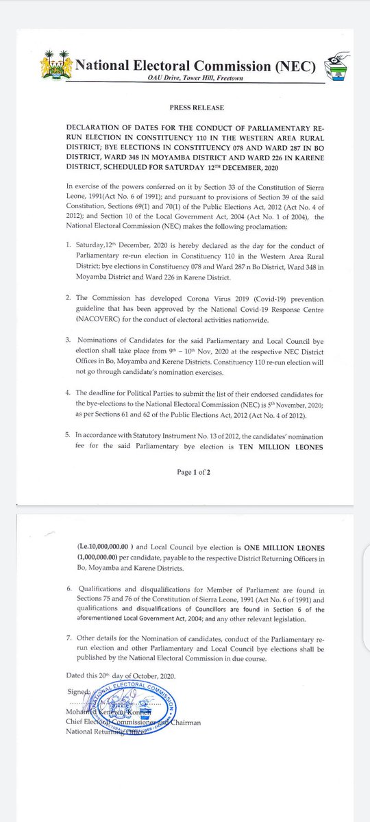 @NECsalone chairman @MKKonnehNECSL has declared Saturday December 12 2020 for the re-run of parliamentary election in #Constituency110 on the outskirts of #Freetown. Several other bye elections in #Bo, #Karene and #Moyamba Districts have been declared on that day. https://t.co/7lAnb9AXZY