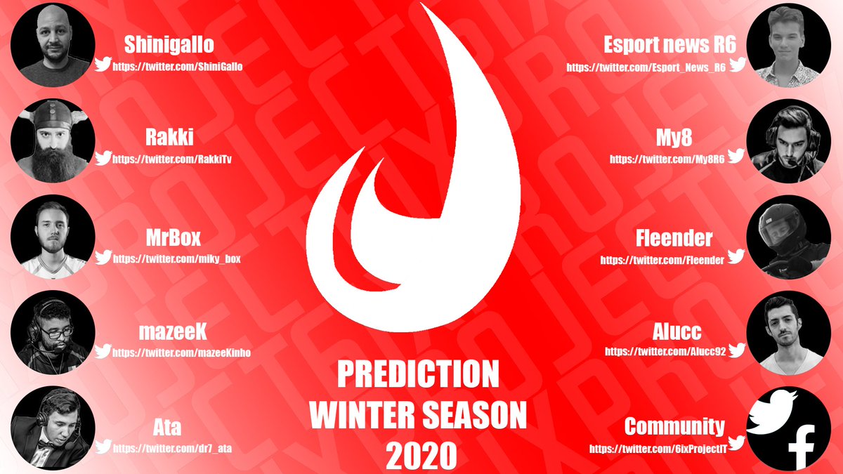 Vi presentiamo le persone scelte per le prediction di questa winter season 2020!

<a href="/ShiniGallo/">ShiniGallo</a>
<a href="/RakkiTv/">RakkiTV || Caster IT</a>
<a href="/miky_box/">Michele Scattola</a> 
<a href="/mazeeKinho/">Anas</a>
@Esport_News_R6
<a href="/dr7_ata/">Matteo</a>
@My8R6
@FIeender
<a href="/Alucc92/">Alucc</a>

e ... VOI!